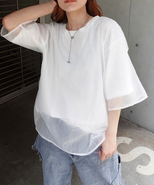 CORNERS(コーナーズ)の「オーガンジーレイヤードTシャツ(Tシャツ/カットソー・レディース・ホワイト/ブラック/グレー/グリーン・M)」の2枚目の写真