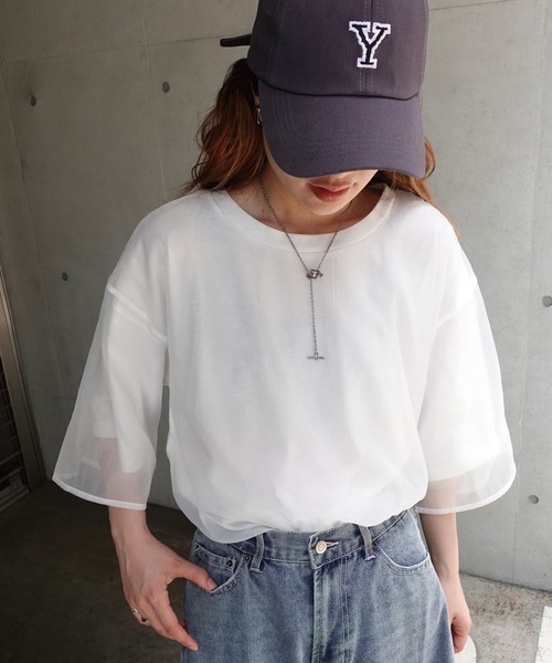 CORNERS(コーナーズ)の「オーガンジーレイヤードTシャツ(Tシャツ/カットソー・レディース・ホワイト/ブラック/グレー/グリーン・M)」の9枚目の写真