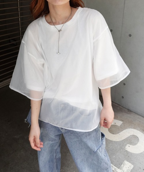 CORNERS(コーナーズ)の「オーガンジーレイヤードTシャツ(Tシャツ/カットソー・レディース・ホワイト/ブラック/グレー/グリーン・M)」の8枚目の写真