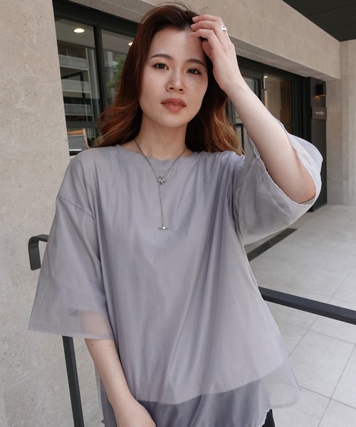 tシャツ レイヤードオーガンジー半袖Ｔシャツ レディース moment+｜バッグタグオーガンジーレイヤード半袖Tシャツ