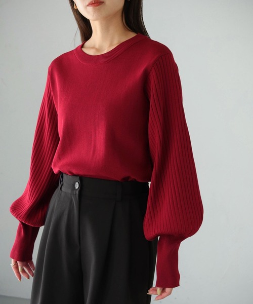 HER CLOSET(ハークローゼット)の「 【HER CLOSET】WEB限定リブ袖スウェットライクニットプルオーバー WEB LIMITED RIB SLEEVE SWEAT-LIKE KNIT PULLOVER(ニット/セーター・レディース・グリーン/オフホワイト/ブラック/ブルー/ワインレッド・M)」の5枚目の写真