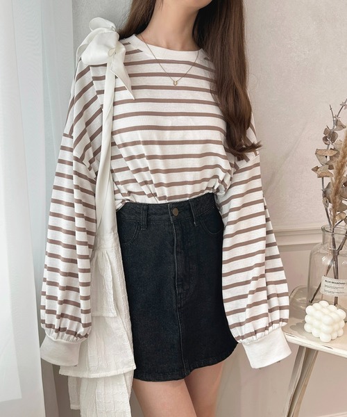 apres jour（アプレジュール）の「袖ボリュームボーダートップス【ZOZOTOWN限定アイテム】（Tシャツ/カットソー・レディース・ミント/ピンク系その他/オフホワイト/ブラック系その他・X-LARGE/フリー）」の2枚目の写真