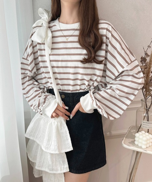 apres jour（アプレジュール）の「袖ボリュームボーダートップス【ZOZOTOWN限定アイテム】（Tシャツ/カットソー・レディース・ミント/ピンク系その他/オフホワイト/ブラック系その他・X-LARGE/フリー）」の12枚目の写真