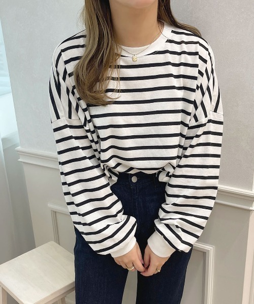 apres jour（アプレジュール）の「袖ボリュームボーダートップス【ZOZOTOWN限定アイテム】（Tシャツ/カットソー・レディース・ミント/ピンク系その他/オフホワイト/ブラック系その他・X-LARGE/フリー）」の8枚目の写真