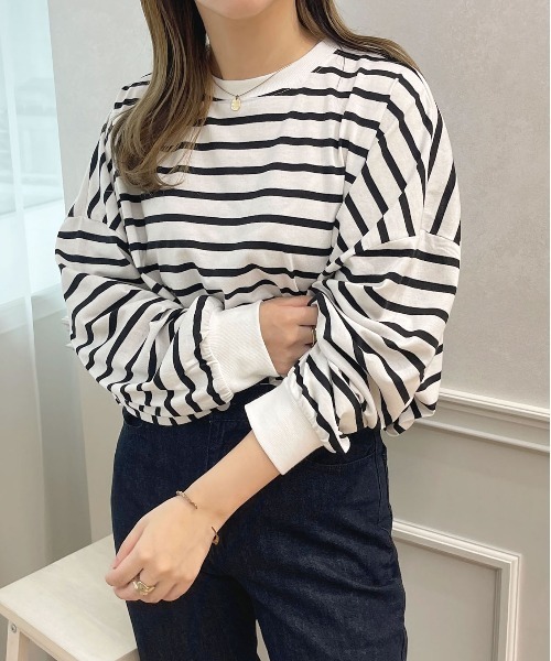 apres jour（アプレジュール）の「袖ボリュームボーダートップス【ZOZOTOWN限定アイテム】（Tシャツ/カットソー・レディース・ミント/ピンク系その他/オフホワイト/ブラック系その他・X-LARGE/フリー）」の7枚目の写真