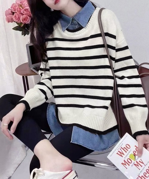 Miniministore（ミニミニストア）の「ドッキングニットトップス レディース韓国（ニット/セーター・レディース・ブラック/ネイビー/アイボリー・フリー）」の2枚目の写真