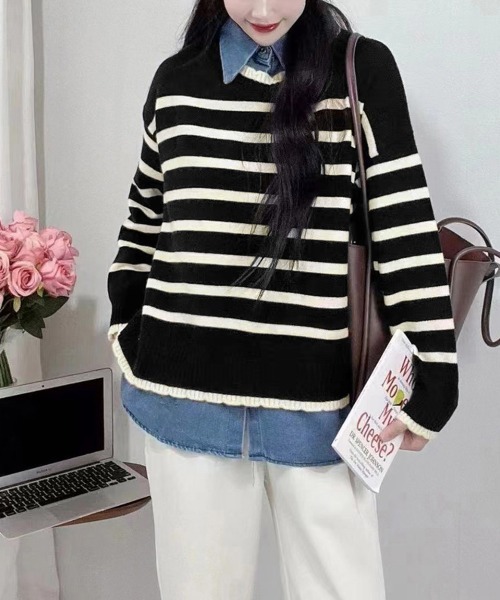Miniministore（ミニミニストア）の「ドッキングニットトップス レディース韓国（ニット/セーター・レディース・ブラック/ネイビー/アイボリー・フリー）」の3枚目の写真