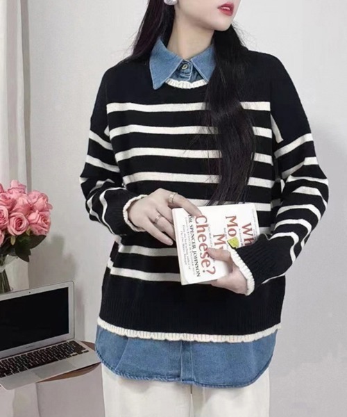 Miniministore（ミニミニストア）の「ドッキングニットトップス レディース韓国（ニット/セーター・レディース・ブラック/ネイビー/アイボリー・フリー）」の5枚目の写真