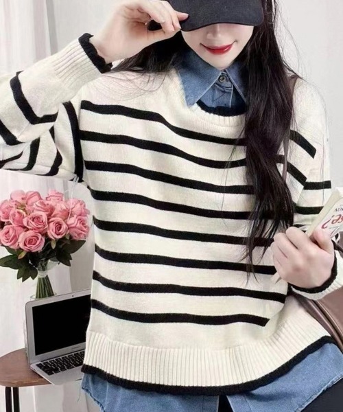 Miniministore（ミニミニストア）の「ドッキングニットトップス レディース韓国（ニット/セーター・レディース・ブラック/ネイビー/アイボリー・フリー）」の8枚目の写真