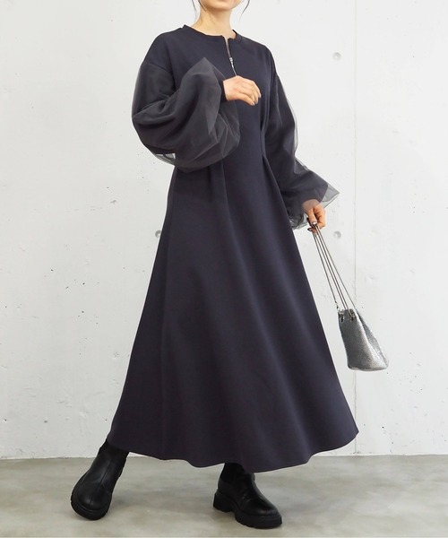 tiptop(ティップトップ)の「ハーフジップ袖チュールワンピース(ワンピース・レディース・ブラック/グレー/チャコールグレー・FREE)」の2枚目の写真