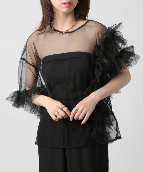 【セール】【MAISON BREEZE reveur】asymmetry frill sheer tulle blouse アシンメトリーフリルシアーチュールブラウス シアートップス trc（シャツ/ブラウス）｜MAISON BREEZE reveur（メゾンブリーズレヴール）