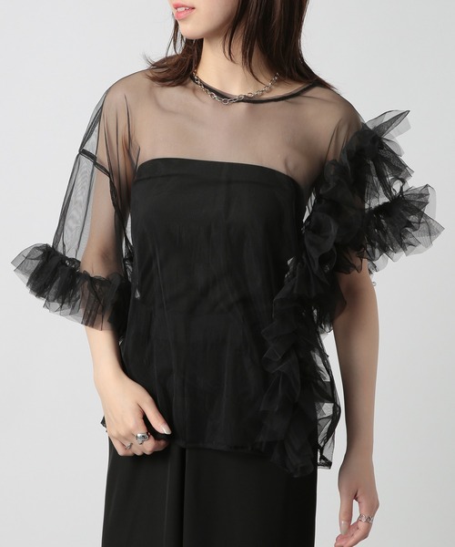【セール】【MAISON BREEZE reveur】asymmetry frill sheer tulle blouse アシンメトリーフリルシアーチュールブラウス シアートップス trc（シャツ/ブラウス）｜MAISON BREEZE reveur（メゾンブリーズレヴール）