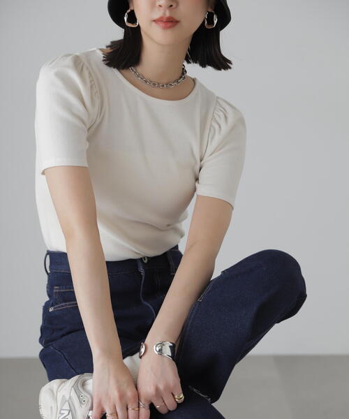 FREE'S MART（フリーズマート）の「◆バックリボンパフスリーブテレコカットソー（Tシャツ/カットソー・レディース・ブラック/ホワイト/ピンク/ライトグリーン・FREE）」の2枚目の写真