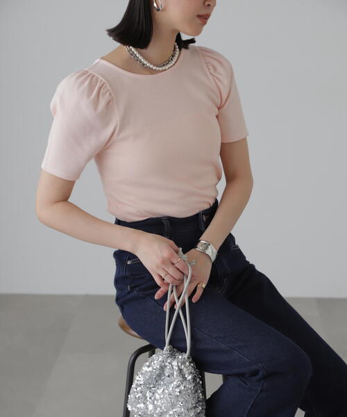 FREE'S MART（フリーズマート）の「◆バックリボンパフスリーブテレコカットソー（Tシャツ/カットソー・レディース・ブラック/ホワイト/ピンク/ライトグリーン・FREE）」の4枚目の写真