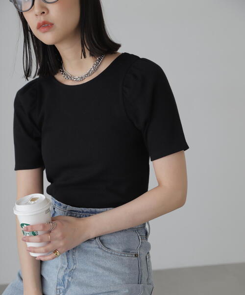 FREE'S MART（フリーズマート）の「◆バックリボンパフスリーブテレコカットソー（Tシャツ/カットソー・レディース・ブラック/ホワイト/ピンク/ライトグリーン・FREE）」の3枚目の写真