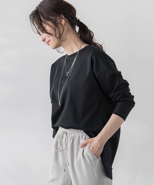 LAUTREAMONT(ロートレアモン)の「【WEB限定】【3サイズ】スムースコットンカットソー≪洗える/接触冷感≫(Tシャツ/カットソー・レディース・ベージュ/チャコールグレー/ブルー/ブラック/ホワイト・11号/9号/7号)」の3枚目の写真