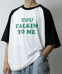 raglan sleeve print T-shirt/オーバーサイズ ラグランスリーブ プリント Tシャツ/リンガー プリント クルーネック 半袖Tシャツ