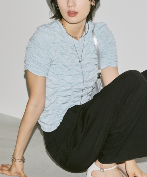 Aunt Marie's（アントマリーズ）の「ハーフスリーブシャーリングクロップドトップス/カットソー（Tシャツ/カットソー・レディース・ホワイト/ライトブルー/ブラック/グレー/イエロー・FREE）」の5枚目の写真