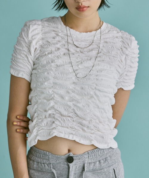 Aunt Marie's（アントマリーズ）の「ハーフスリーブシャーリングクロップドトップス/カットソー（Tシャツ/カットソー・レディース・ホワイト/ライトブルー/ブラック/グレー/イエロー・FREE）」の16枚目の写真