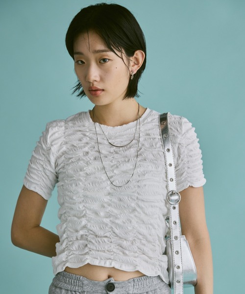 Aunt Marie's（アントマリーズ）の「ハーフスリーブシャーリングクロップドトップス/カットソー（Tシャツ/カットソー・レディース・ホワイト/ライトブルー/ブラック/グレー/イエロー・FREE）」の18枚目の写真