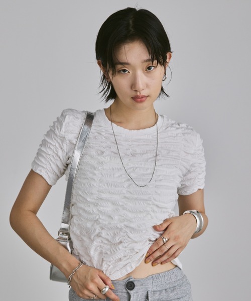 Aunt Marie's（アントマリーズ）の「ハーフスリーブシャーリングクロップドトップス/カットソー（Tシャツ/カットソー・レディース・ホワイト/ライトブルー/ブラック/グレー/イエロー・FREE）」の6枚目の写真