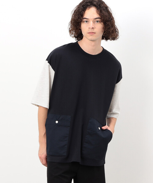 Purple&Yellow(パープルアンドイエロー)の「6ポケット半袖プルオーバー(Tシャツ/カットソー・メンズ・サックスブルー/グレイッシュベージュ/ブラック/ネイビー・SMALL/LARGE/MEDIUM)」の1枚目の写真