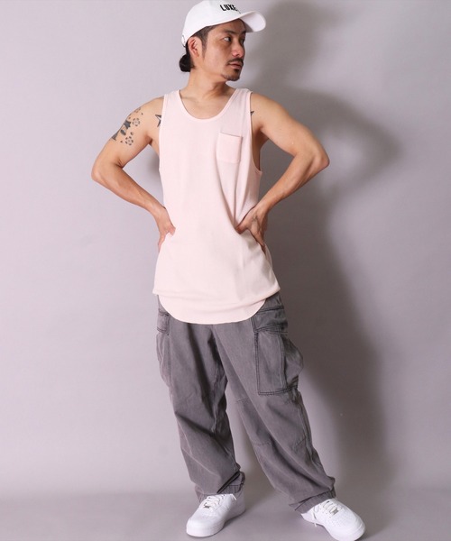 BAYBLO（ベイブロ）の「(BE)ワッフル ラウンドヘム レイヤード ロング タンクトップ（タンクトップ・メンズ・ブラック/オフホワイト/ライトピンク・FREE）」の17枚目の写真