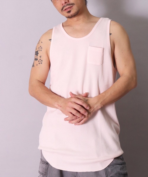 BAYBLO（ベイブロ）の「(BE)ワッフル ラウンドヘム レイヤード ロング タンクトップ（タンクトップ・メンズ・ブラック/オフホワイト/ライトピンク・FREE）」の18枚目の写真