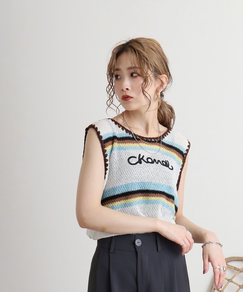 【DRESSCAMP】ドレスキャンプ ベロア調タンクトップ　スワロフスキーロゴ セール】ノースリーブカギアミボーダーロゴ刺繍（タンクトップ