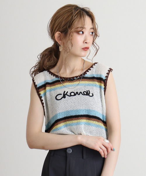 (アンプリファイド) Amplified オフィシャル商品 レディース キッス Tシャツ Animalize クロップ丈 ノースリーブ カ セール】ノースリーブカギアミボーダーロゴ刺繍（タンクトップ