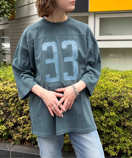 NO NEED(ノーニード)の「numberプリント ピグメント加工 フットボール7分袖Tシャツ(Tシャツ/カットソー・メンズ・ブラック/ブルー・M/L)」の21枚目の写真
