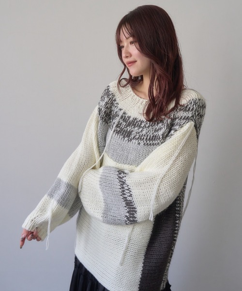 mellowneon（メロウネオン）の「ランダムデザインヤーンニット/ニット（ニット/セーター・レディース・ベージュ/グレー・FREE）」の3枚目の写真