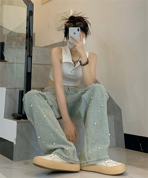 Dream garden(ドリームガーデン)の「パール付デニムパンツ(デニムパンツ・レディース・ブルー・2XL/XL/L/M/S)」の10枚目の写真