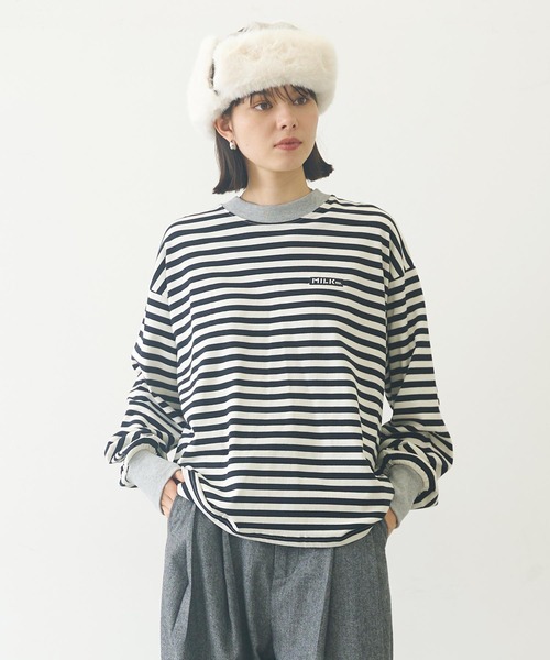 MILKFED.(ミルクフェド)の「BAR LOGO STRIPED TOP(Tシャツ/カットソー・レディース・ブラック/アッシュ/ベージュ・ONE SIZE)」の2枚目の写真