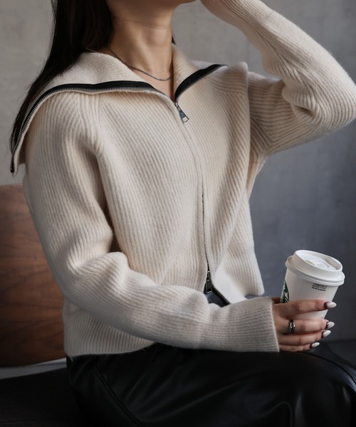 セール】BigカラーZIPリブニット / ZIPニットカーディガン（ニット