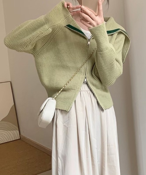 ap retro(アプレトロ)の「BigカラーZIPリブニット / ZIPニットカーディガン(ニット/セーター・レディース・オフホワイト/チャコールグレー/グリーン・FREE)」の9枚目の写真