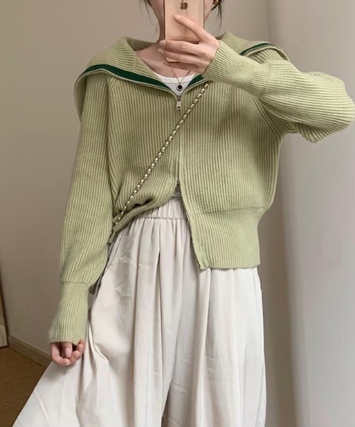 ap retro(アプレトロ)の「BigカラーZIPリブニット / ZIPニットカーディガン(ニット/セーター・レディース・オフホワイト/チャコールグレー/グリーン・FREE)」の10枚目の写真