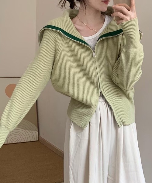 ap retro(アプレトロ)の「BigカラーZIPリブニット / ZIPニットカーディガン(ニット/セーター・レディース・オフホワイト/チャコールグレー/グリーン・FREE)」の13枚目の写真