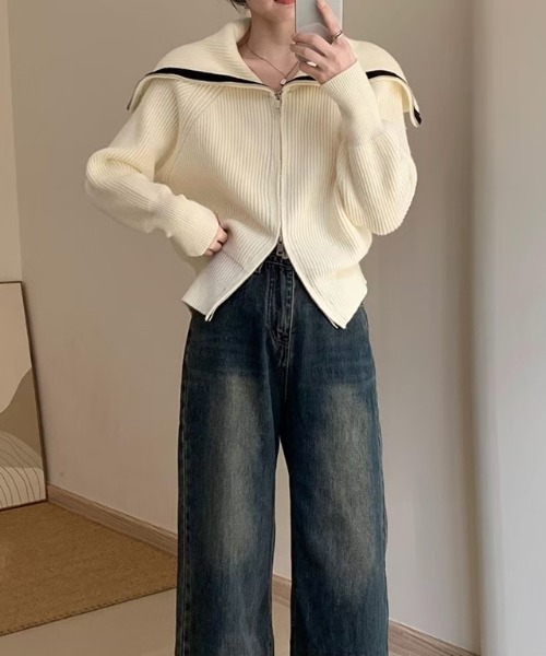 ap retro(アプレトロ)の「BigカラーZIPリブニット / ZIPニットカーディガン(ニット/セーター・レディース・オフホワイト/チャコールグレー/グリーン・FREE)」の21枚目の写真