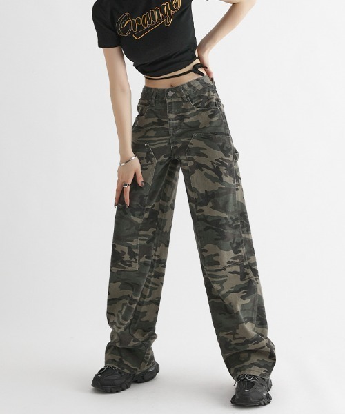 カモフラージュ ストレートパンツ セール】カモフラージュ ダブルニースタッズ デニムストレートパンツ