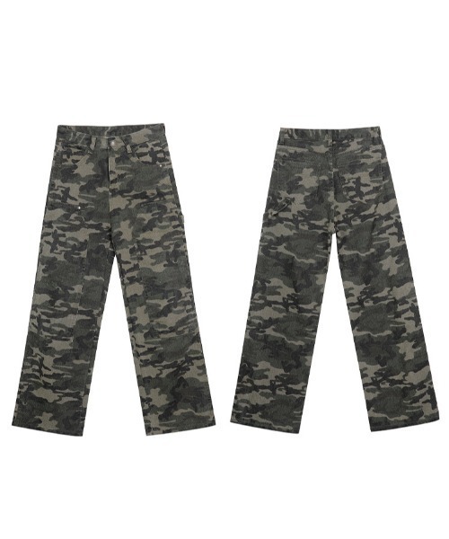 カモフラージュ ストレートパンツ セール】カモフラージュ ダブルニースタッズ デニムストレートパンツ