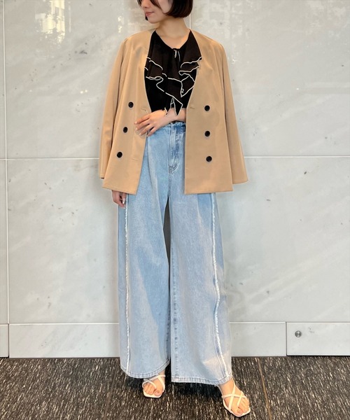AND COUTURE（アンドクチュール）の「ノーカラーダブルジャケット（ノーカラージャケット・レディース・ベージュ/チャコールグレー/ミント・FREE）」の5枚目の写真
