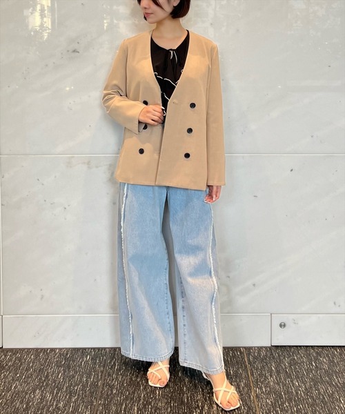 AND COUTURE（アンドクチュール）の「ノーカラーダブルジャケット（ノーカラージャケット・レディース・ベージュ/チャコールグレー/ミント・FREE）」の6枚目の写真