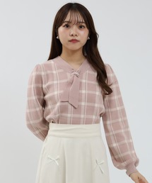 チェック柄パール使いボウタイニット
