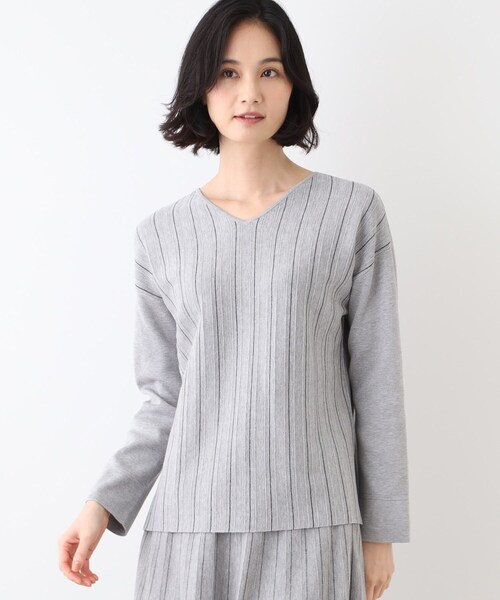 セール】【洗える/SETUP可能】Vネックストライプ柄ニットプルオーバー