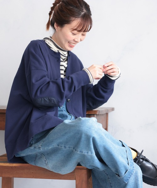 ネイビー ボタン付きカーディガン 肘パッチ everydayな、肘パッチカーディガン（カーディガン/ボレロ）｜soulberry