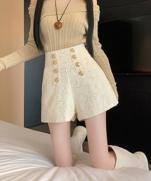 shopnikoniko（ショップニコニコ）の「ダブルボタン ラメツイード ショートパンツ（その他パンツ・レディース・ブラック/ホワイト・フリー）」の9枚目の写真