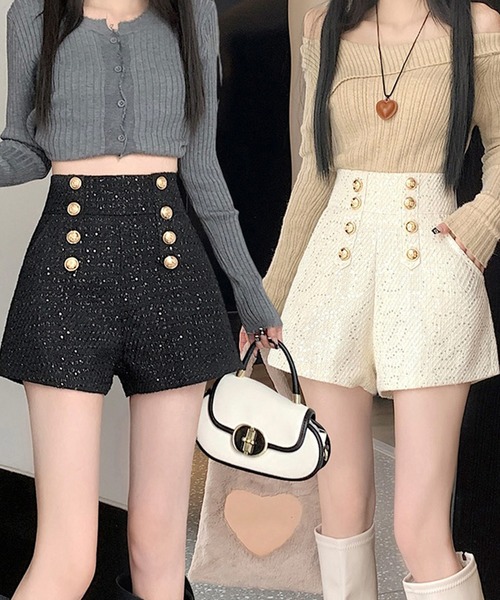 shopnikoniko（ショップニコニコ）の「ダブルボタン ラメツイード ショートパンツ（その他パンツ・レディース・ブラック/ホワイト・フリー）」の3枚目の写真