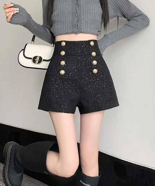 shopnikoniko（ショップニコニコ）の「ダブルボタン ラメツイード ショートパンツ（その他パンツ・レディース・ブラック/ホワイト・フリー）」の4枚目の写真