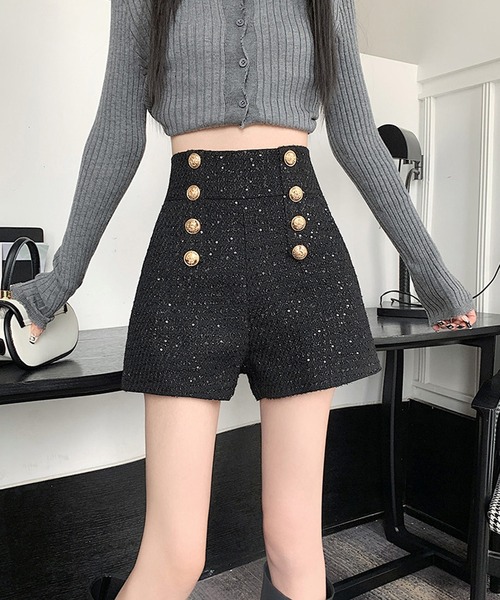 shopnikoniko（ショップニコニコ）の「ダブルボタン ラメツイード ショートパンツ（その他パンツ・レディース・ブラック/ホワイト・フリー）」の5枚目の写真